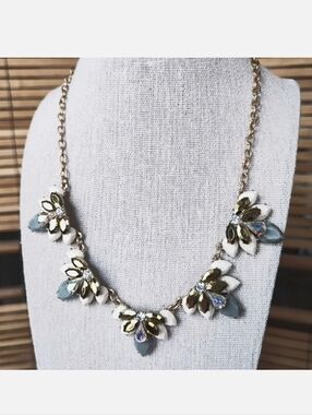 J. Crew Statement Gold Tone Iridescent Gold Stones Gray and White Necklace